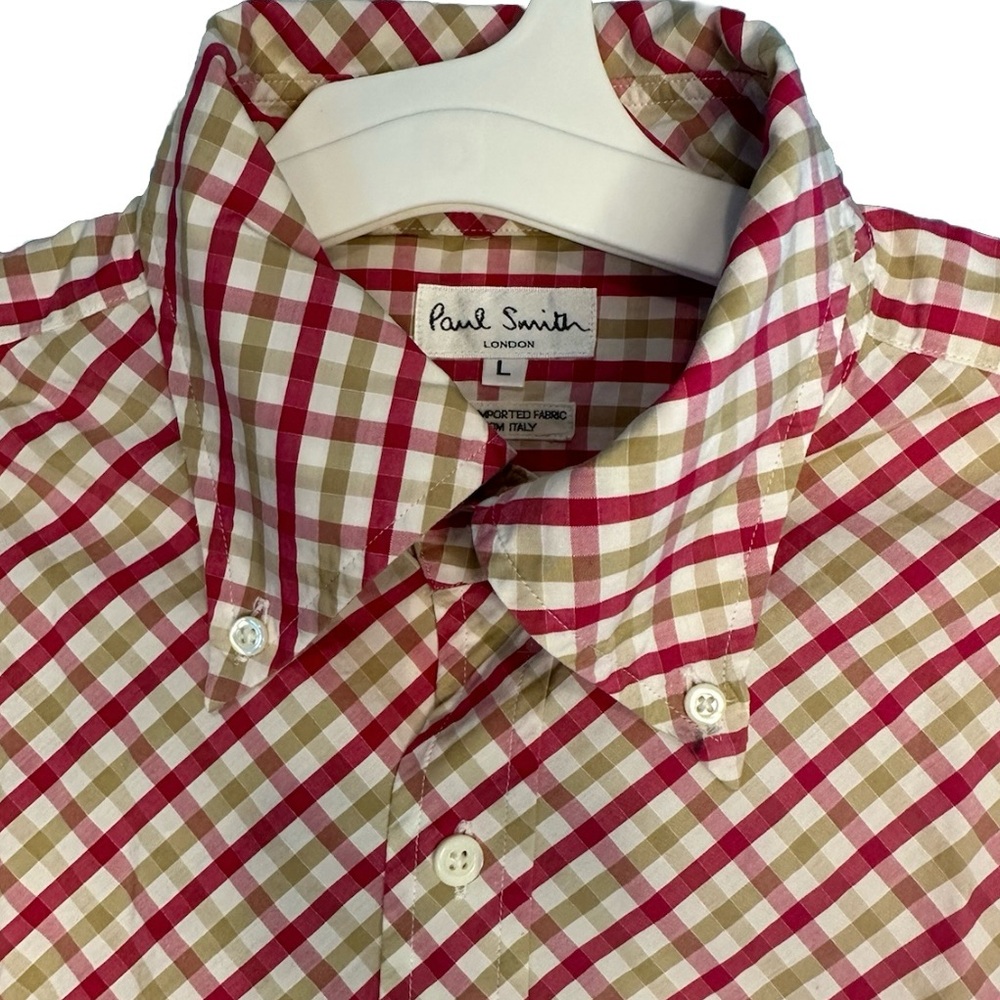 Paul Smith London Argyle Diamond Red Pink Button Down Short Sleeve Men’s Shirt L